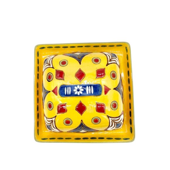 Dutch Wax Handpainted Ceramic Covered Butter Dish Square Yellow Colorful Vibrant - Picture 8 of 11